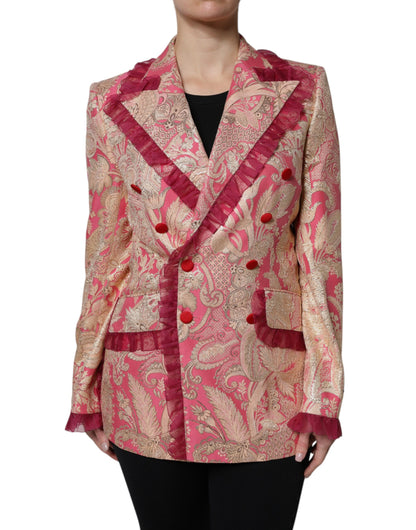 Dolce & Gabbana Pink & Gold Floral-Jacquard Double-Breasted Blazer