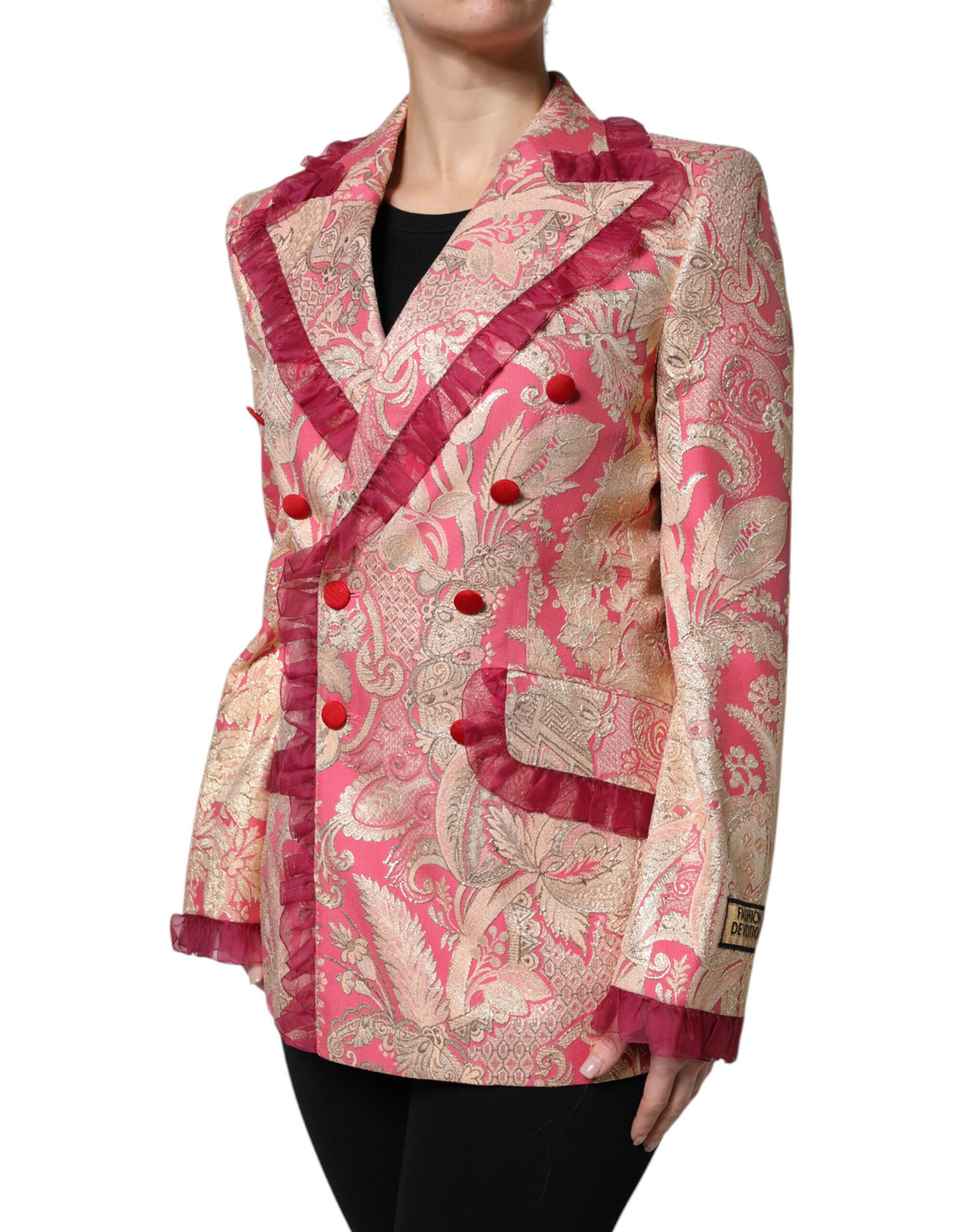 Dolce & Gabbana Pink & Gold Floral-Jacquard Double-Breasted Blazer