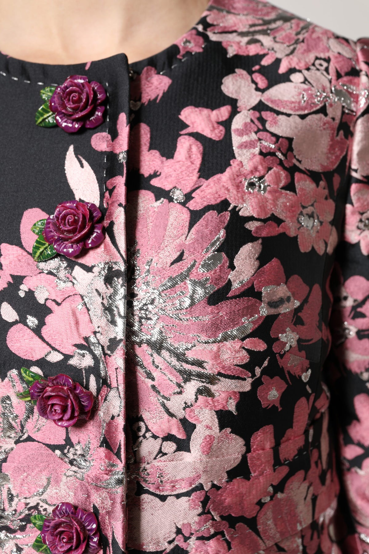 Dolce & Gabbana Pink Black Floral Brocade Trenchcoat Jacket