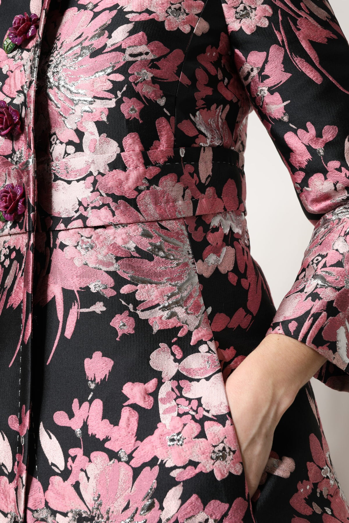Dolce & Gabbana Pink Black Floral Brocade Trenchcoat Jacket