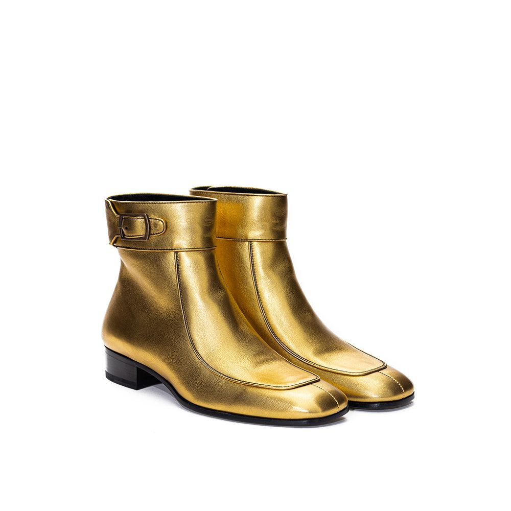 Saint Laurent Gold Leather Buckle Ankle Boots