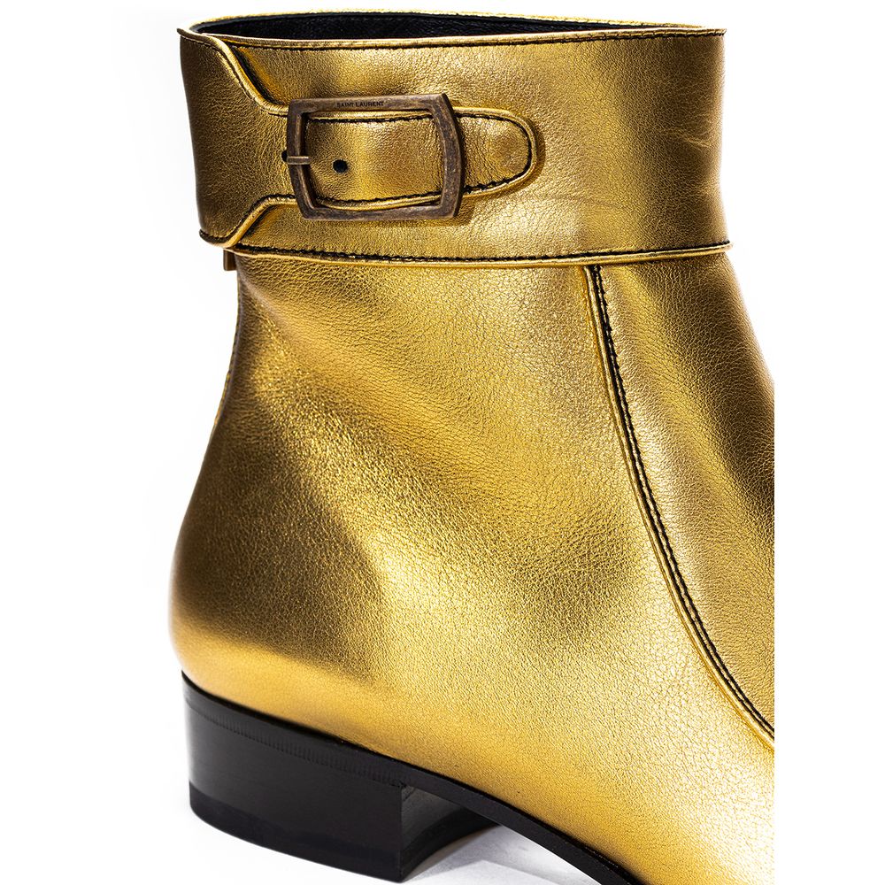 Saint Laurent Gold Leather Buckle Ankle Boots