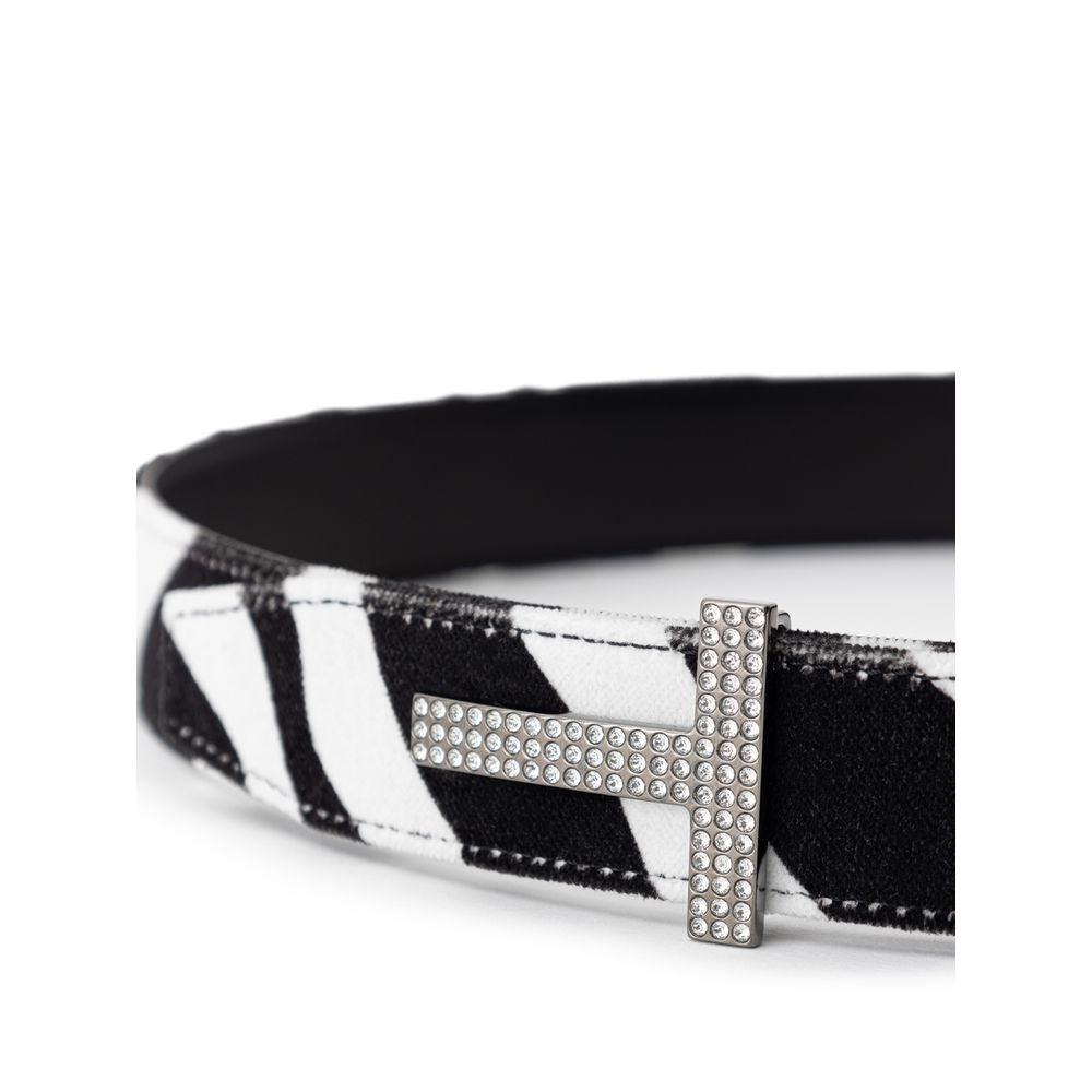 Tom Ford Crystal Logo Buckle Zebra Print Velvet Belt