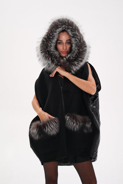 Saga®Furs Silver Fox Wool Alpaca Poncho Vest in Black
