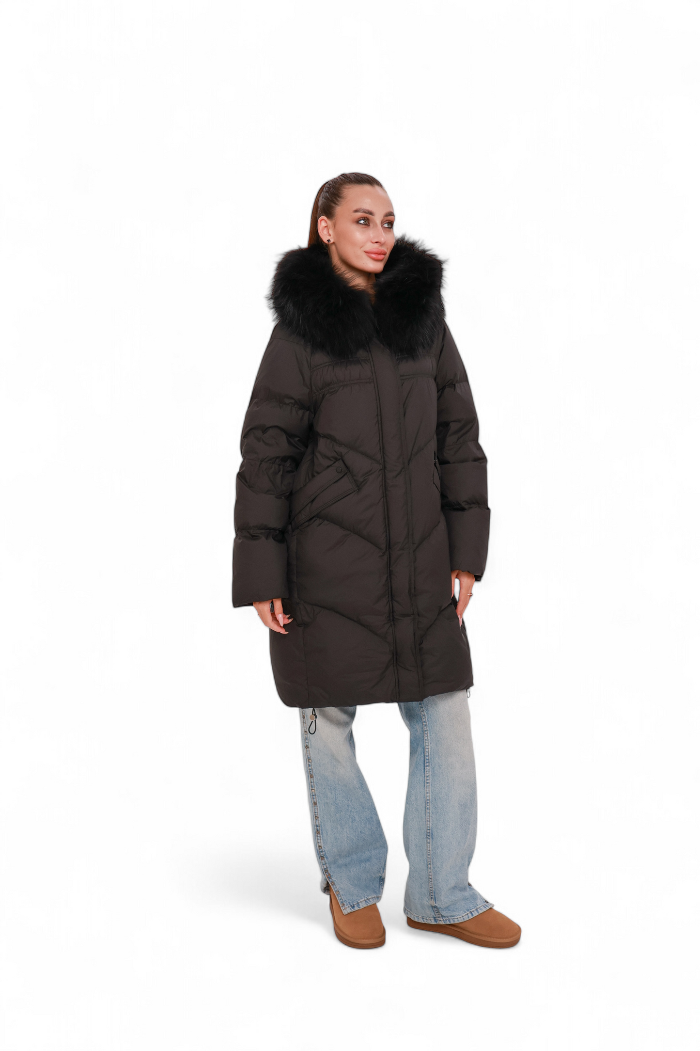 Nellie Genuine Fur Trim Down Fill Coat in Black