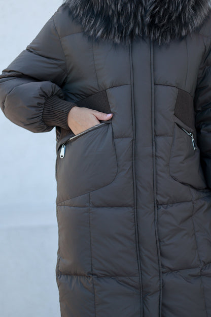 Lauren Genuine Fur Trim Down Fill Coat in Tobacco