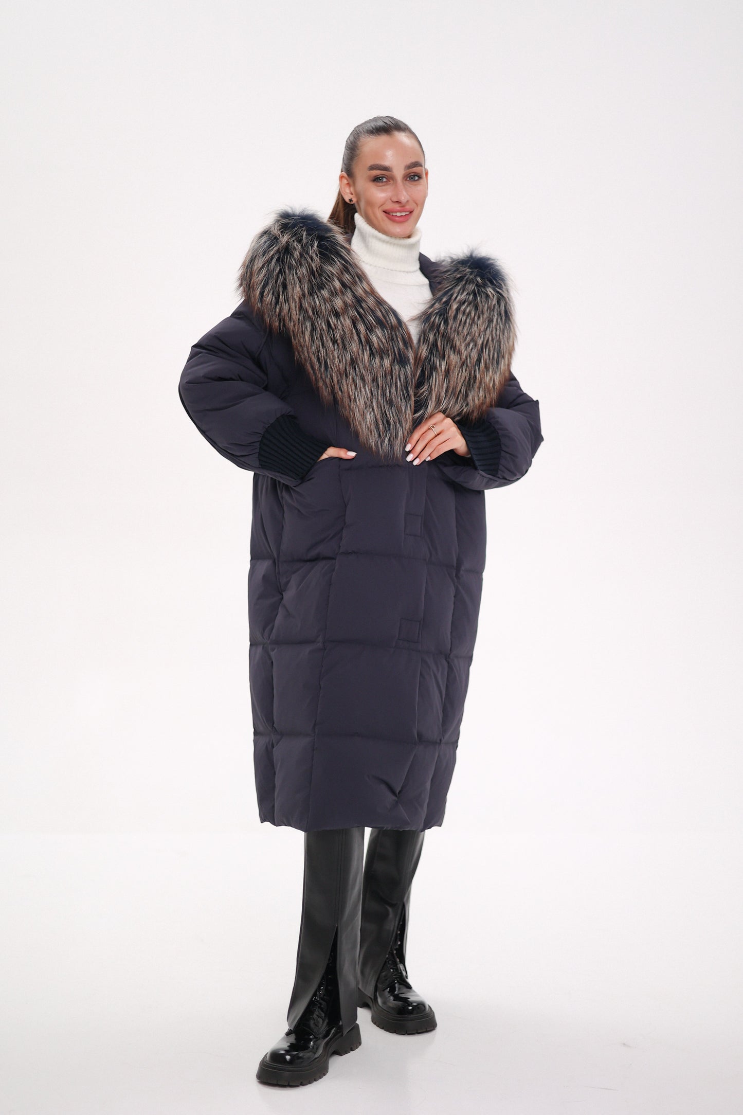 Rei Fur Trim Hooded Down Coat Navy
