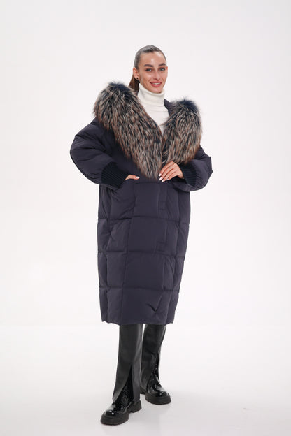 Rei Fur Trim Hooded Down Coat Navy