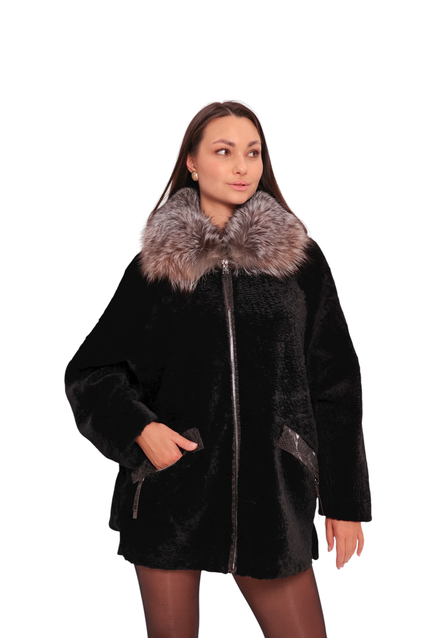 Palermo Astrakhan Silver Fox Trim Coat