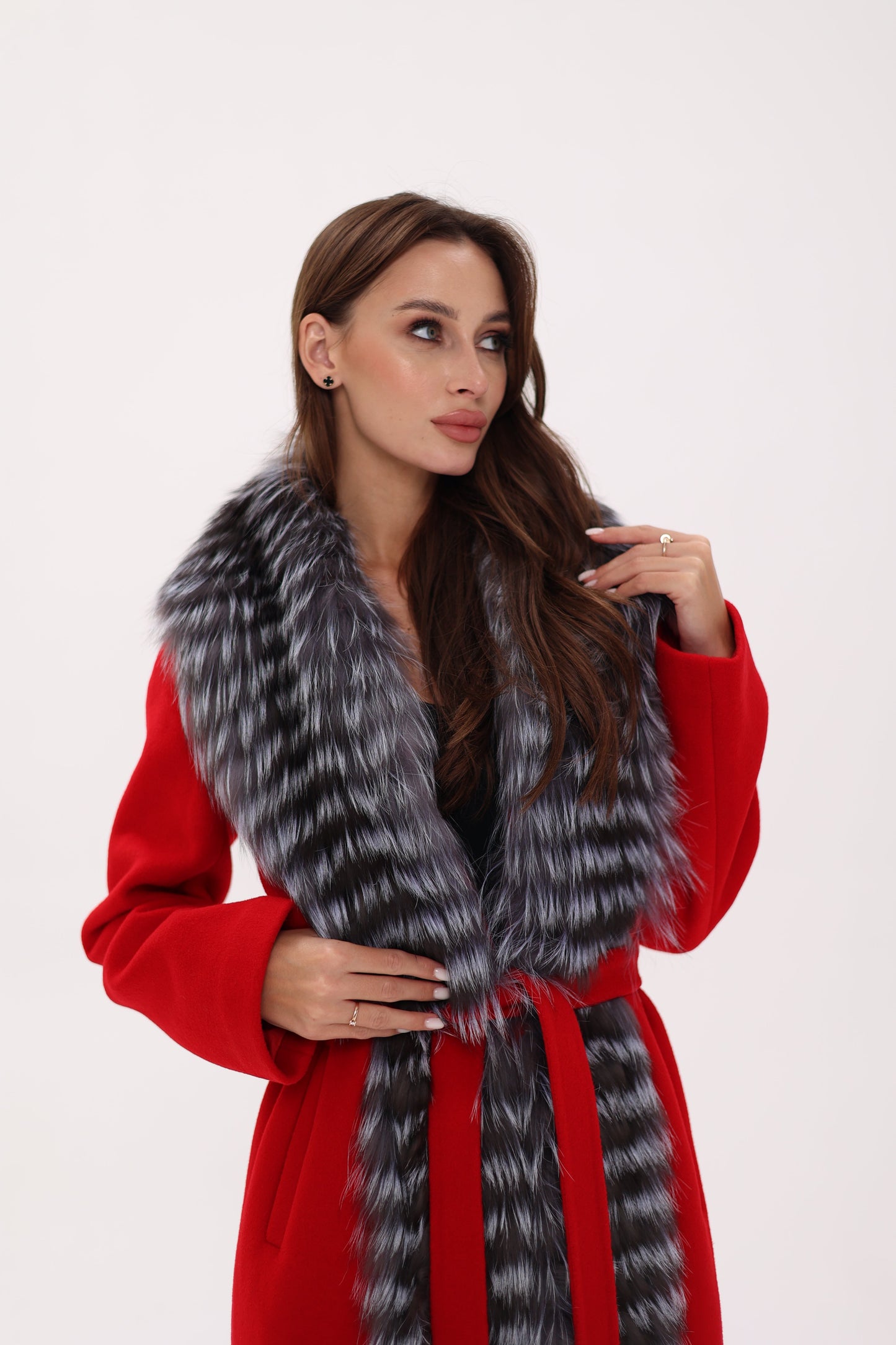 Silver Fox Virgin Wool Wrap Coat in Red