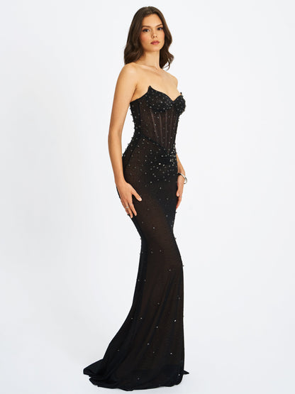 Fatima Black Crystal Sleeveless Corset Mermaid Maxi Dress