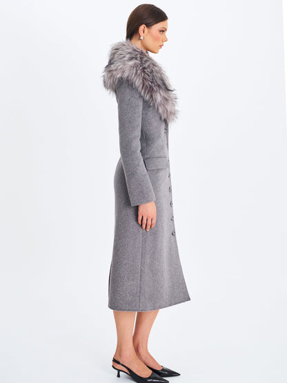 Faye Grey Wool Blend Single-Breasted Coat with Removable Faux Fur Collar