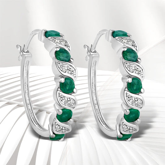 Sterling Silver Emerald and White Topaz Hoop Earrings