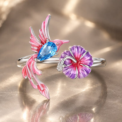 925 Sterling Silver White Gold Plated Enamel Pavé CZ Bird 1.9cm Ring for Women