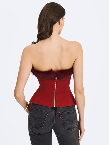 Ivette Crimson Fur-Trimmed Peplum Top