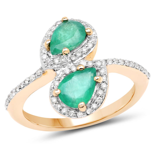 Yellow Gold Zambian Emerald & White Zircon Bypass Ring