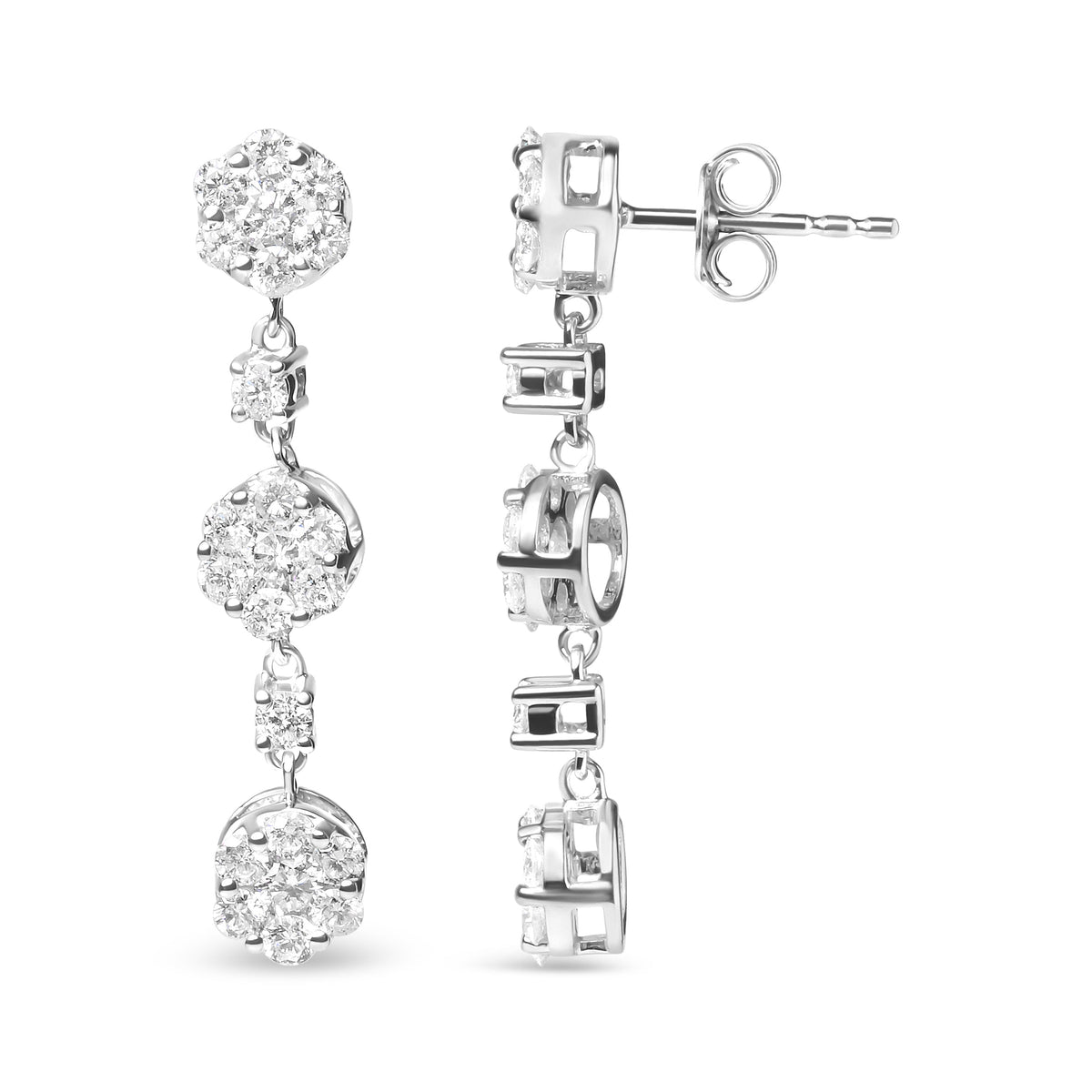 14K White Gold Diamond Composite Cluster Floral Drop Earrings