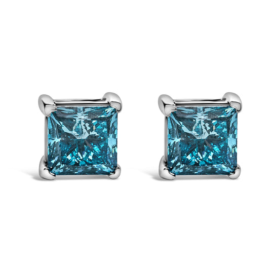 14K White Gold Lab-Grown Blue Diamond Princess Cut Stud Earrings