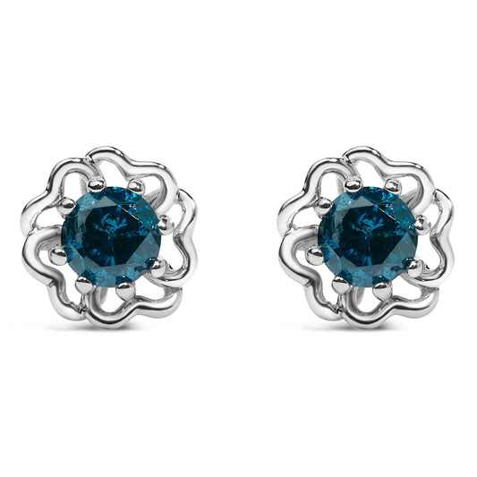 Sterling Silver 1/2 Cttw Blue Diamond Floral Halo Stud Earrings