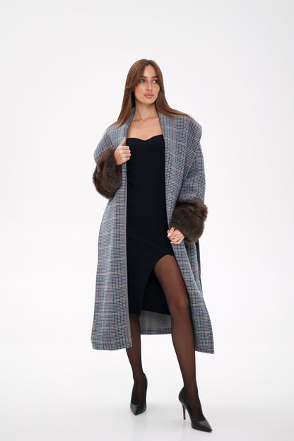 Polar Fox Fur Virgin Wool Wrap Coat