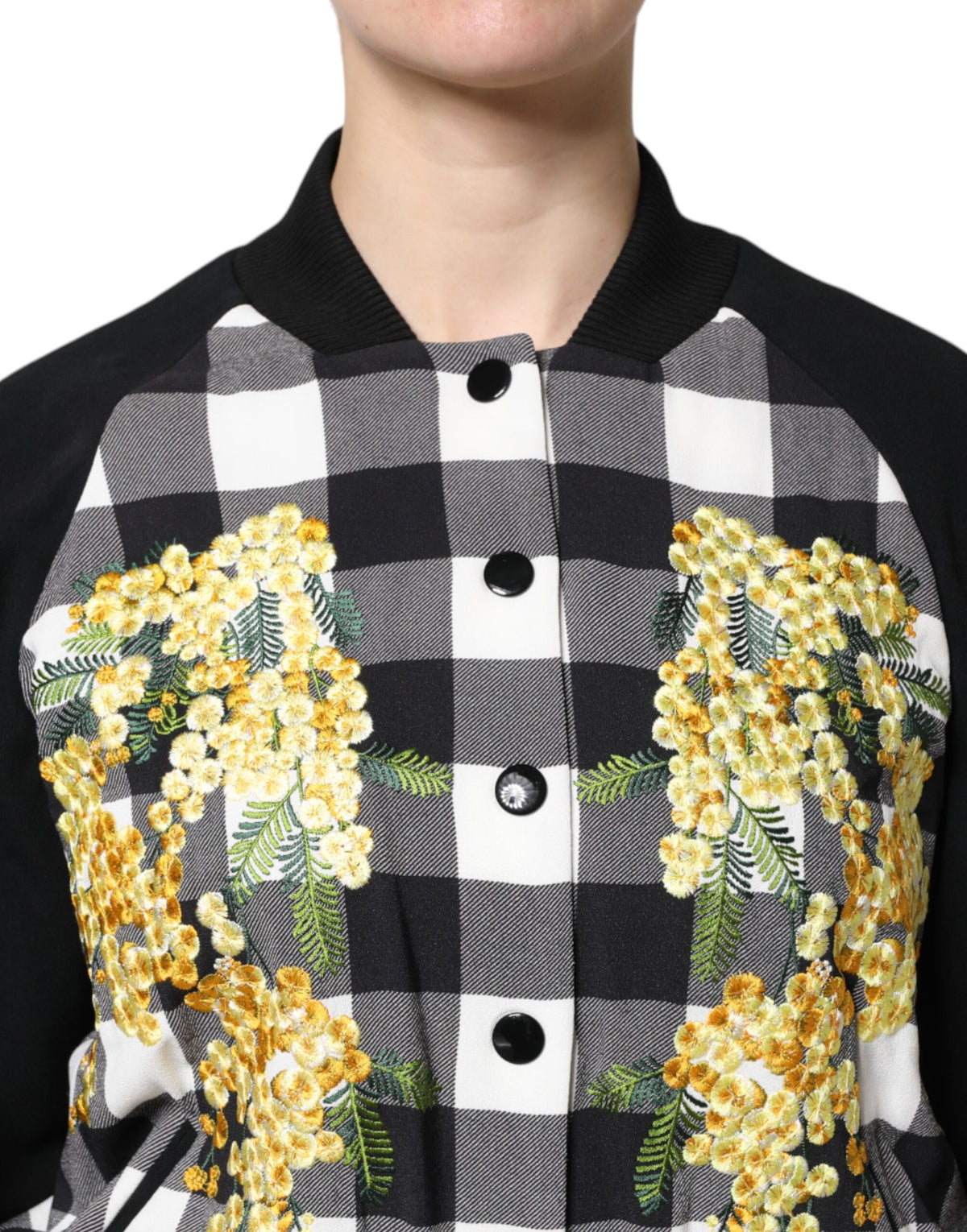 Dolce & Gabbana Black White Check Floral Button Down Jacket