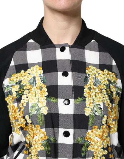 Dolce & Gabbana Black White Check Floral Button Down Jacket