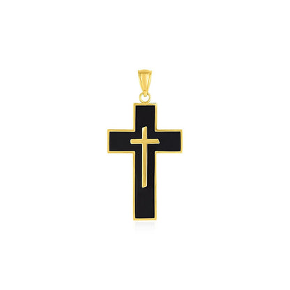 14K Yellow Gold Black Enamel Cross Pendant