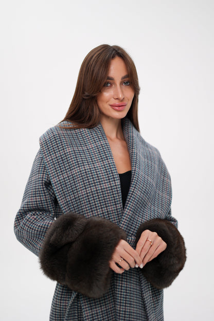 Polar Fox Fur Virgin Wool Wrap Coat