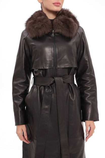 Genuine Leather Polar Fox Trim Coat