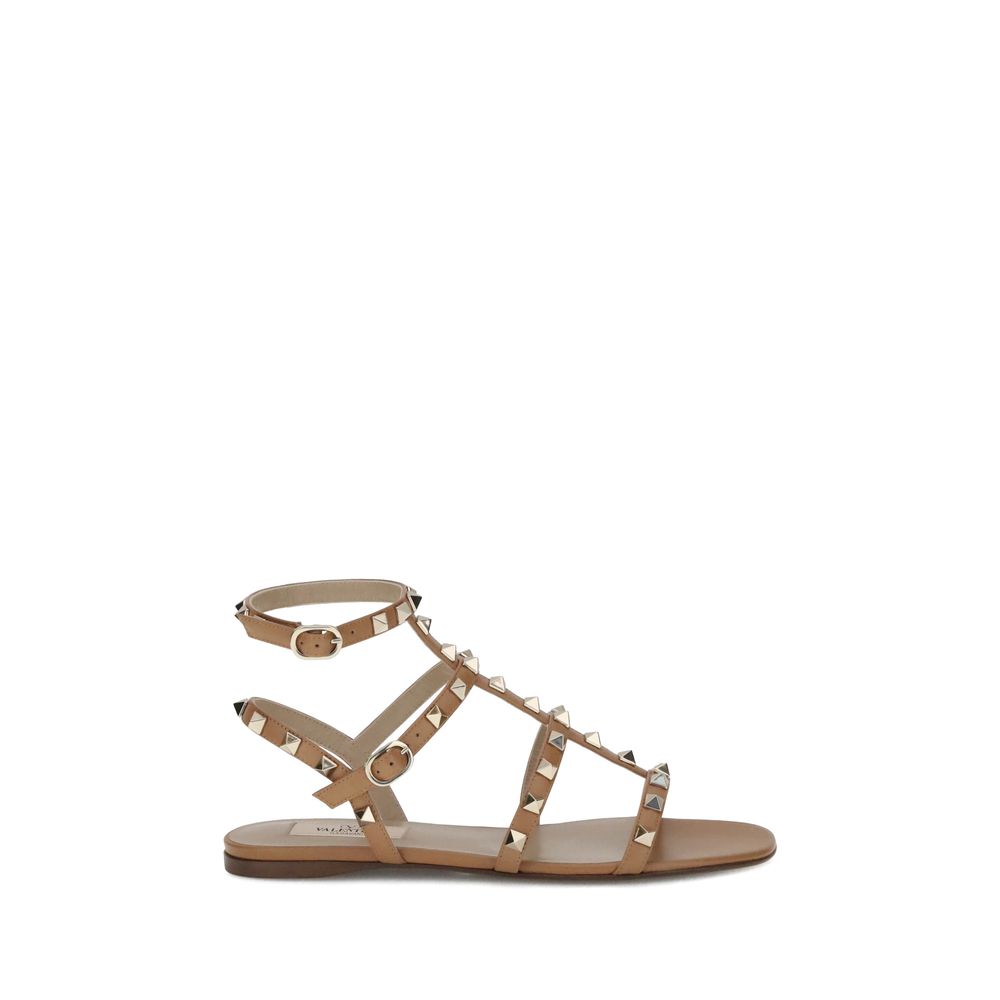 Rockstud Beige Leather Flat Sandals