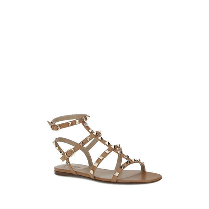 Rockstud Beige Leather Flat Sandals
