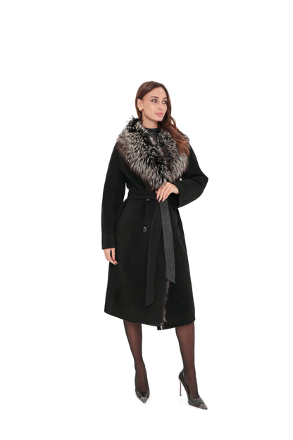 Genuine Silver Fox Cashmere Blend Coat