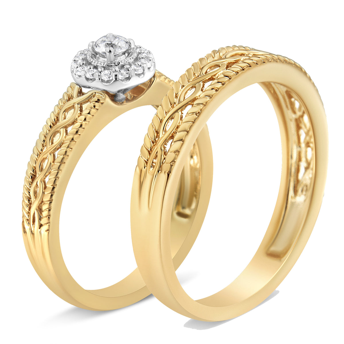 UndeniablyLuxe Fine Jewelry Diamond Halo Engagement Ring and Wedding Band Set