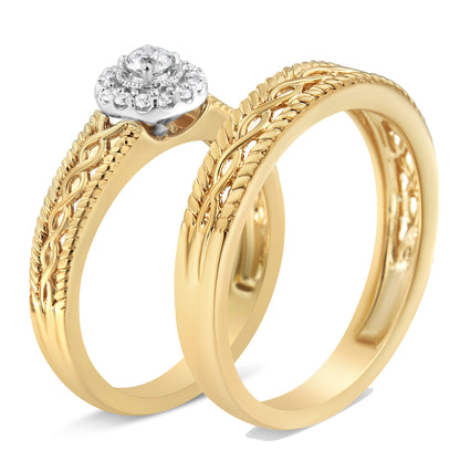 UndeniablyLuxe Fine Jewelry Diamond Halo Engagement Ring and Wedding Band Set