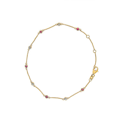 14K Yellow Gold Ruby and Diamond Bezel Station Chain Bracelet