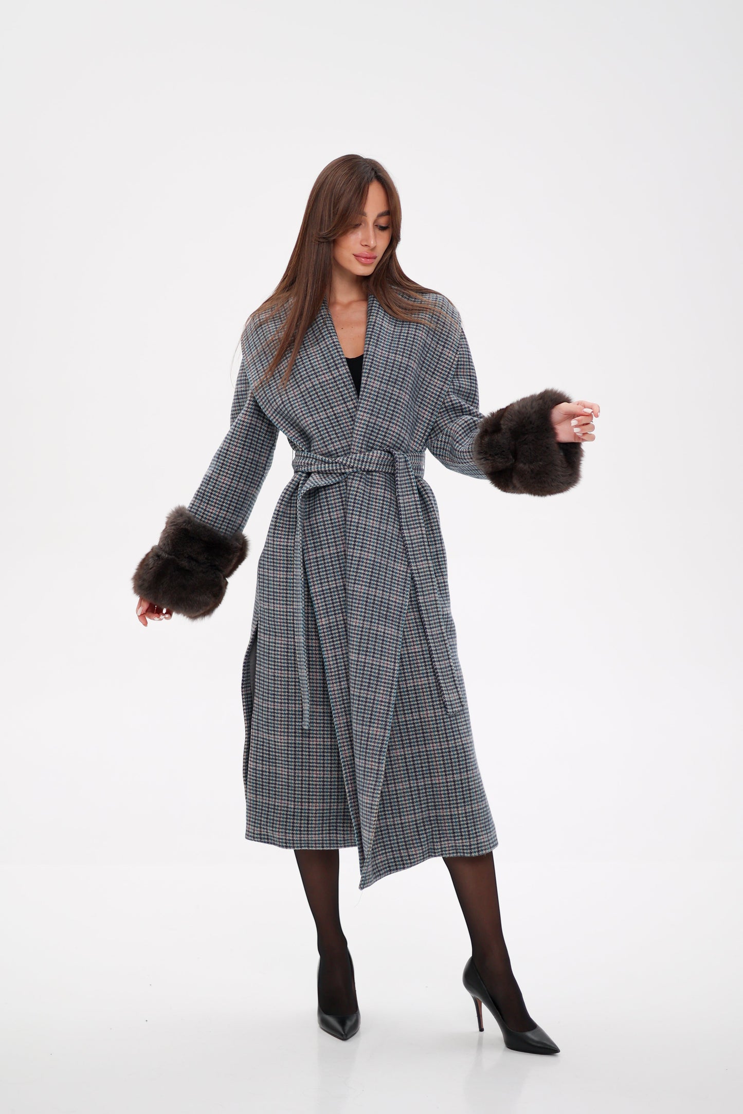 Polar Fox Fur Virgin Wool Wrap Coat