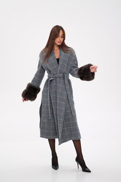 Polar Fox Fur Virgin Wool Wrap Coat