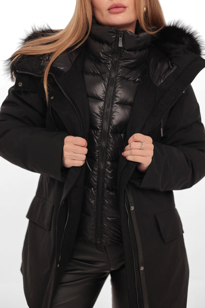 Onyx Genuine Fox Fur Vest-Lined Wool Blend Parka