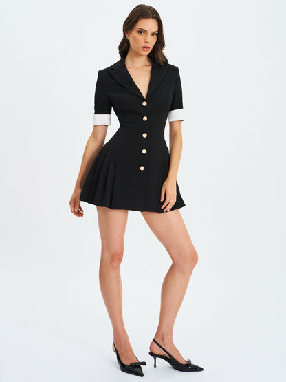 Ilitha Black Woven Crepe Pleated Mini Blazer Dress