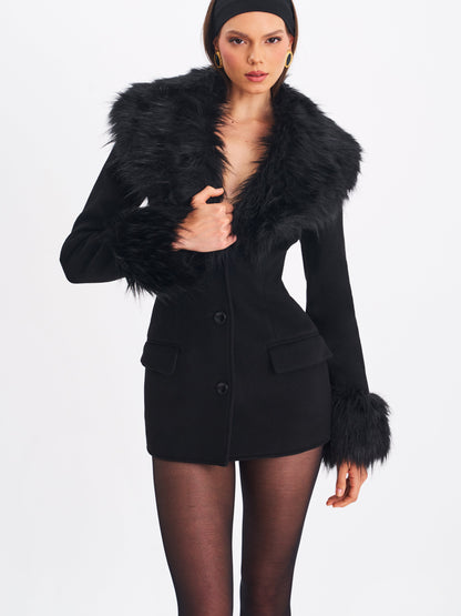 Hailee Black Single Breasted Wool Blend Mini Coat with Removable Fur Lapel