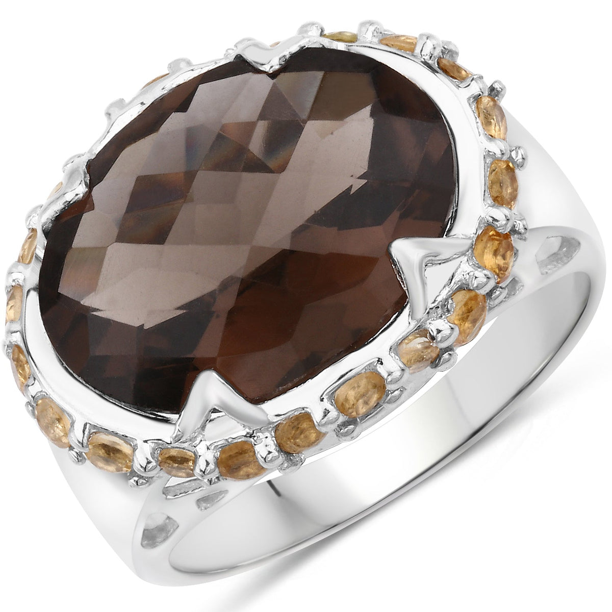 Two Tone Plated Sterling Silver Smoky Quartz & Citrine Ring
