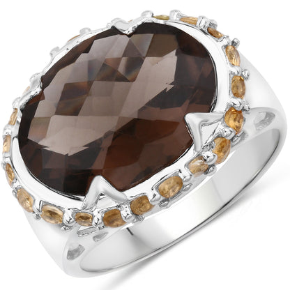Two Tone Plated Sterling Silver Smoky Quartz & Citrine Ring