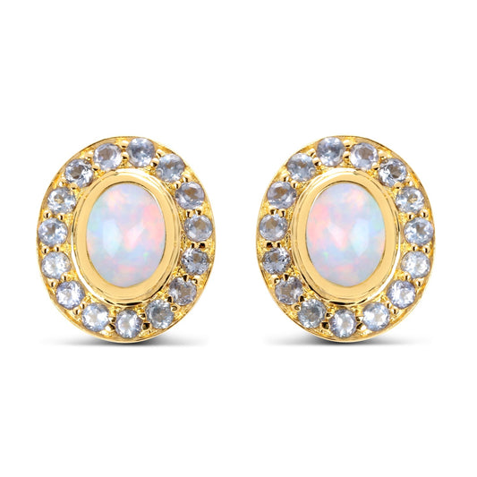 14K Yellow Gold Plated Sterling Silver Ethiopian Opal and Tanzanite Stud Earrings