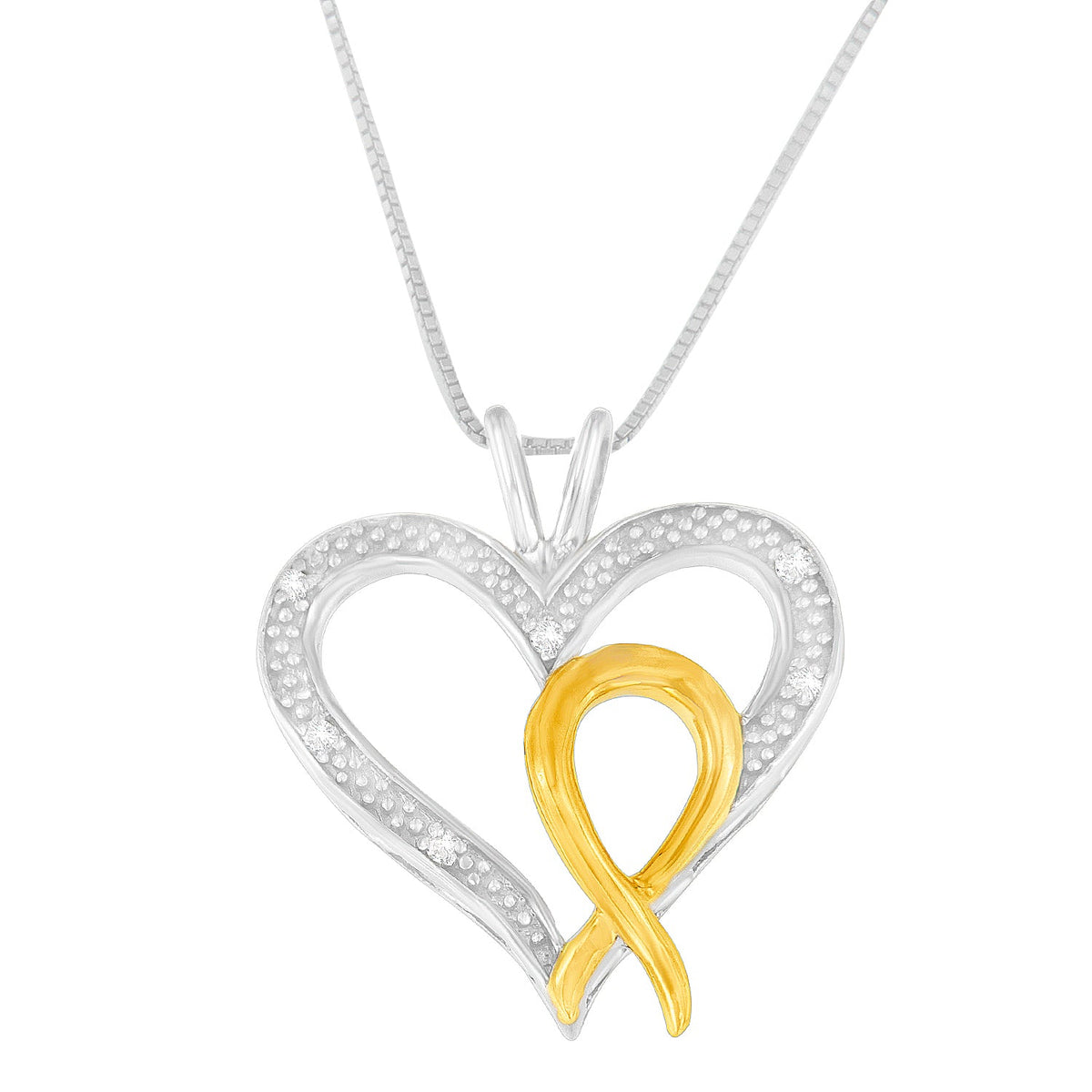 Sterling Silver and 10K Gold Diamond Heart-Ribbon Pendant Necklace