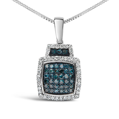 .925 Sterling Silver 1/2 Cttw Blue Diamond with White Diamond Halo Block Pendant Necklace