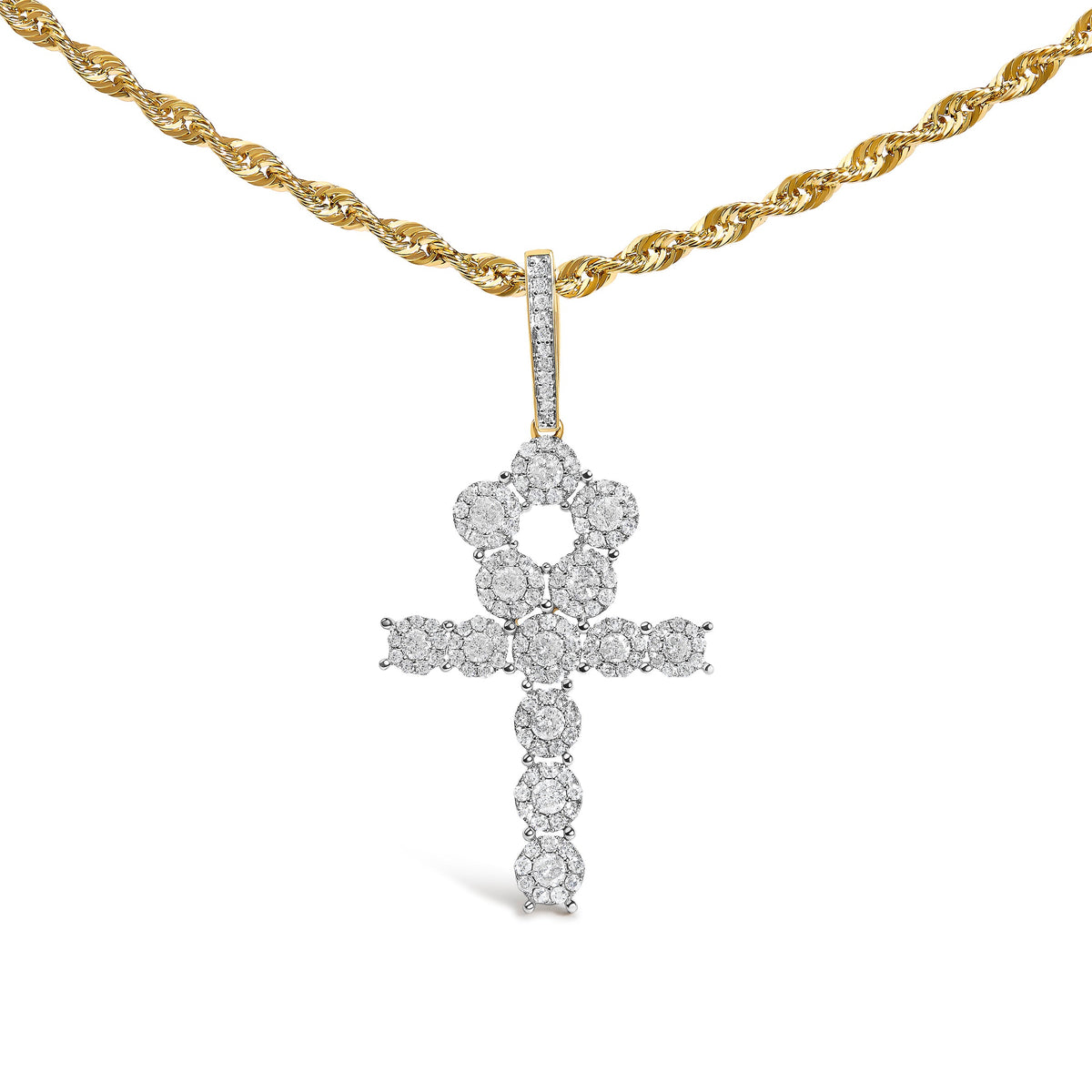 10K Yellow Gold Diamond Cluster Ankh Cross Pendant Necklace