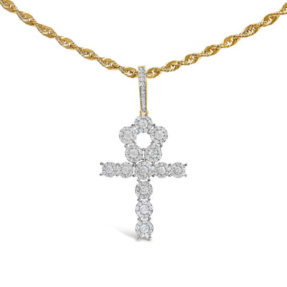 10K Yellow Gold Diamond Cluster Ankh Cross Pendant Necklace