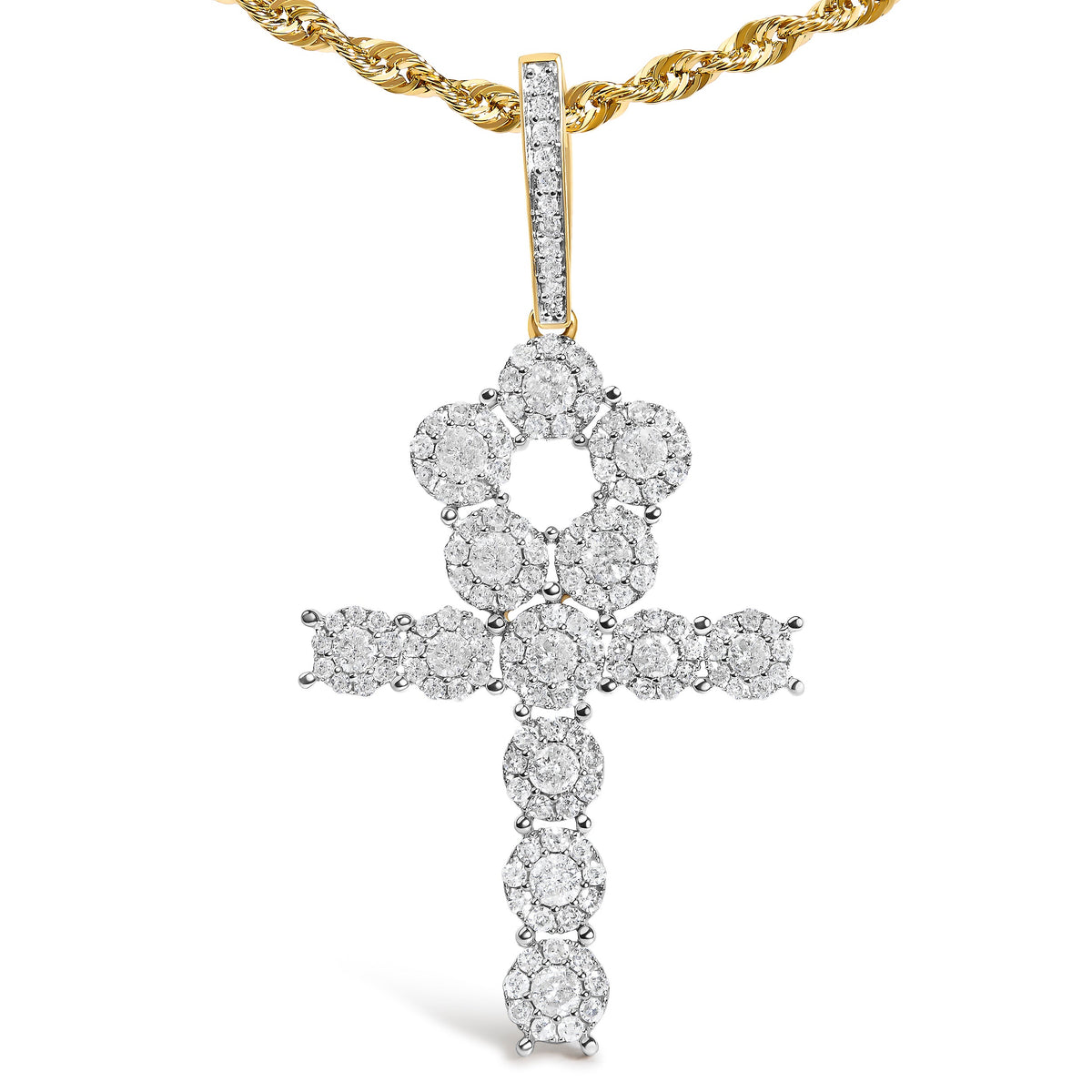 10K Yellow Gold Diamond Cluster Ankh Cross Pendant Necklace