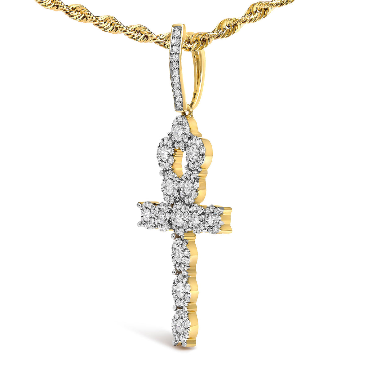 10K Yellow Gold Diamond Cluster Ankh Cross Pendant Necklace