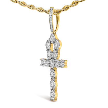 10K Yellow Gold Diamond Cluster Ankh Cross Pendant Necklace